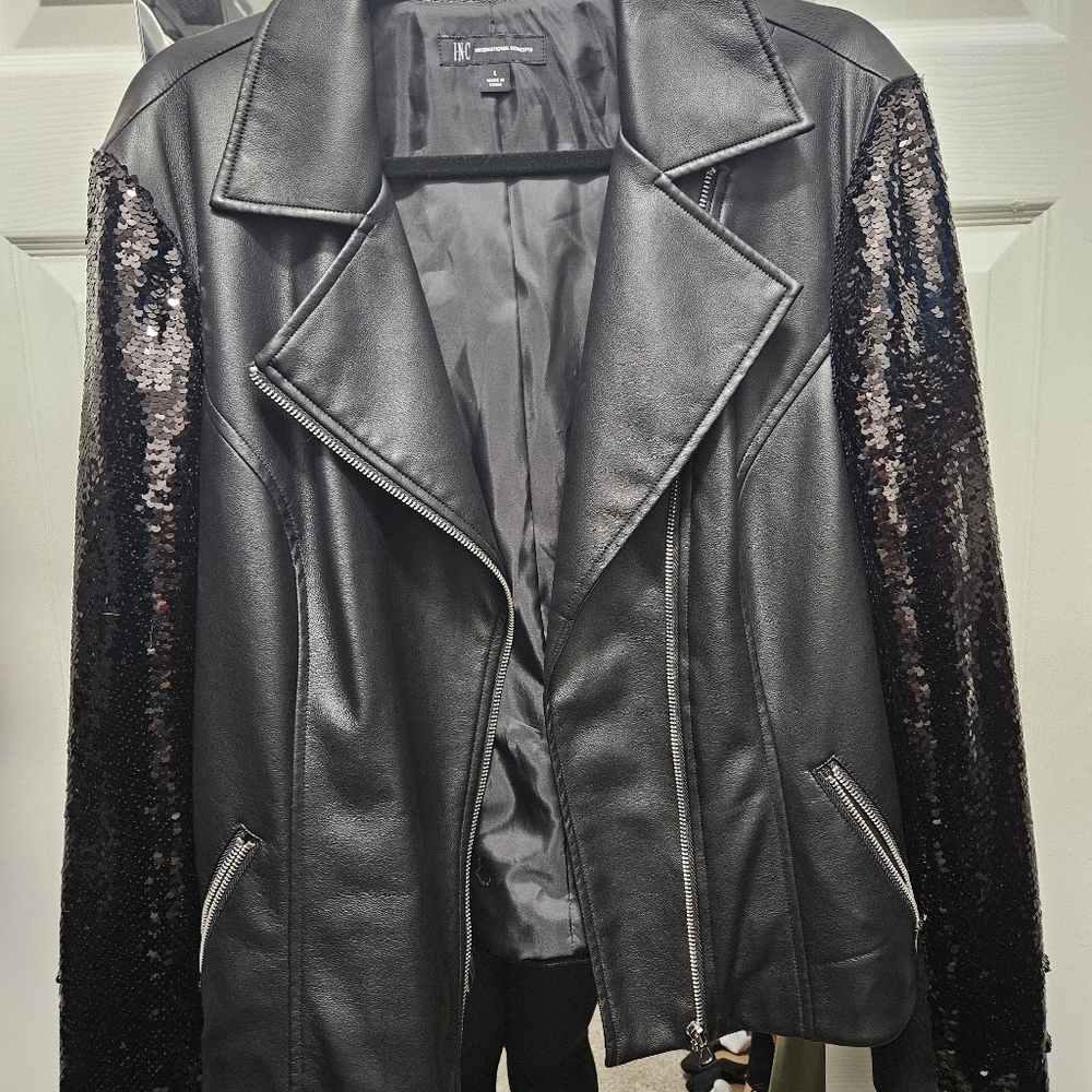INC International Concepts Black Leather Jacket with Sparkling Sleeves